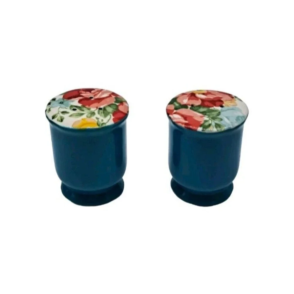 The Pioneer Woman Flea Market Floral Salt & Pepper Shaker Set Blue Teal Ceramic